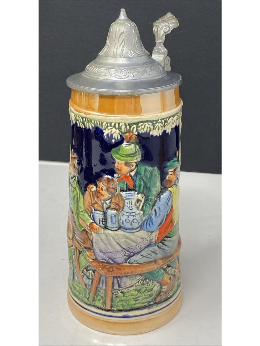 Vintage Gerz German Ceramic Beer Stein Haufbrau Scene People Pewter Lid 8.5”